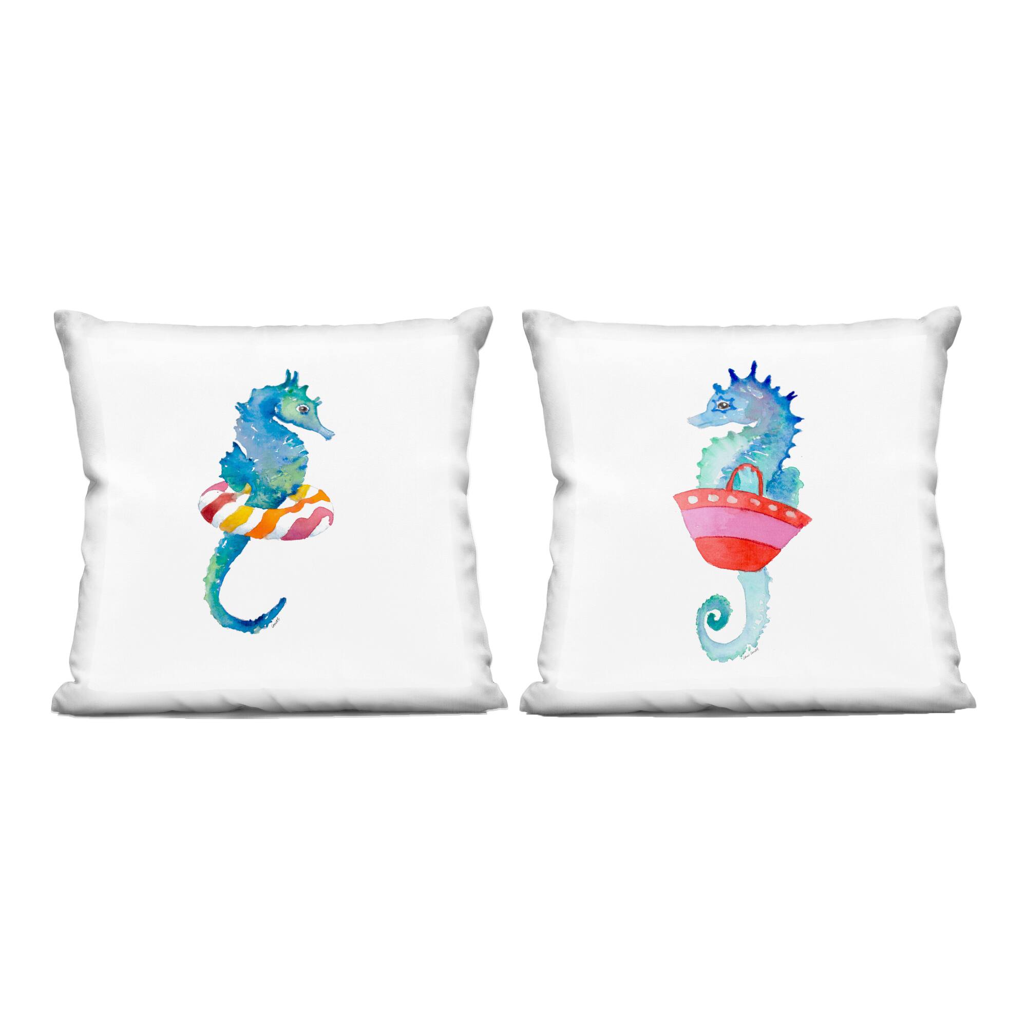 Stupell Industries 18" x 18" Printed Blue Seahorses Beach Red Attire Float Decorative Indoor Pillows, 2ct.